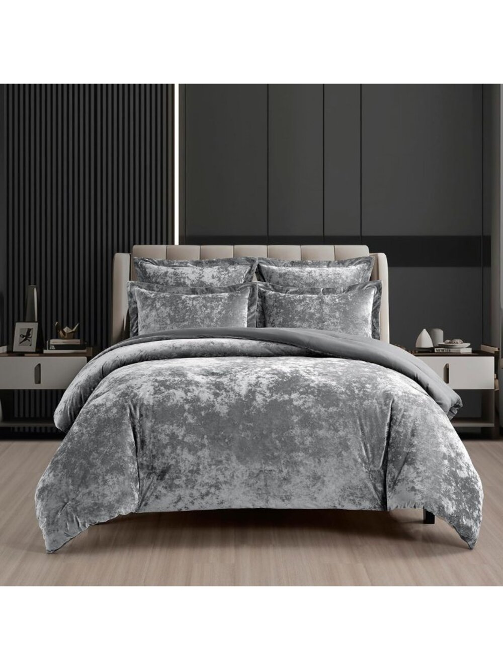 Distressed Velvet Comforter Set, 5-Piece Dark Grey Queen, Soft Microfiber